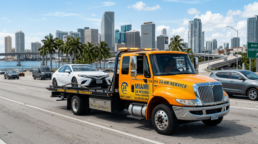 Yellow tow truck with white sedan loaded and Miami skyline background